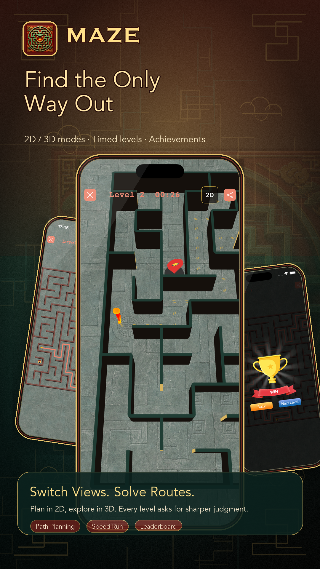 MAZE vertical promotional poster with gameplay screenshots.